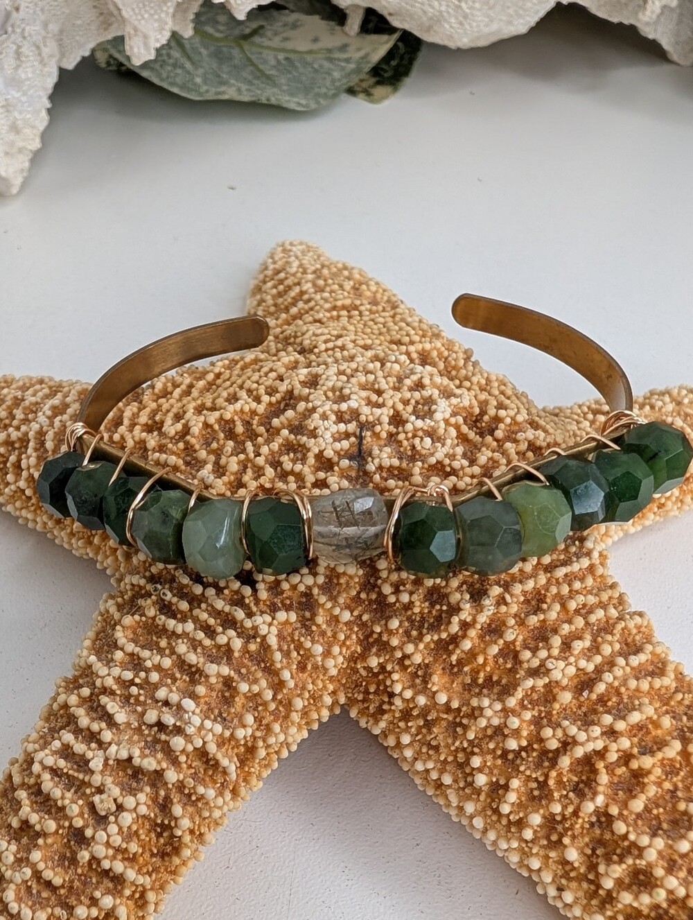 Faceted Nephrite Jade Wire-Wrapped Cuff Bracelet